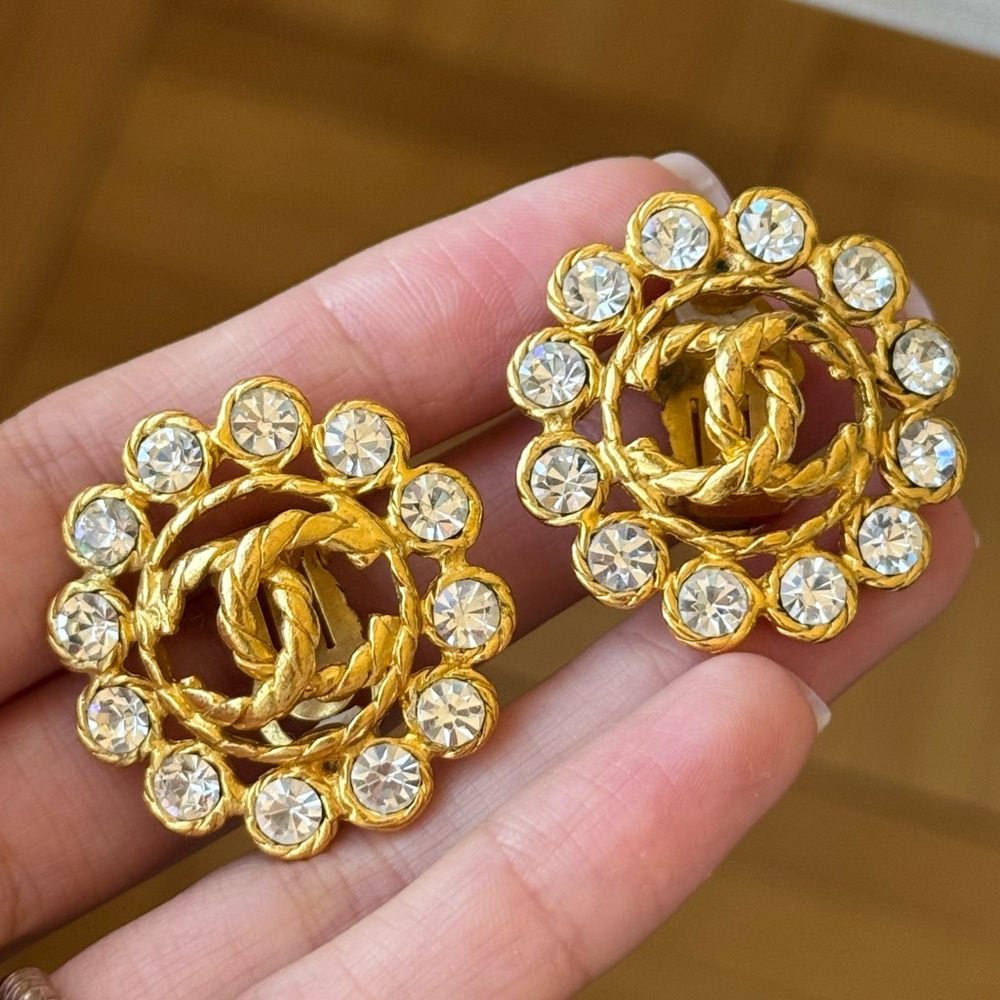 Chanel Vintage 90s Gold Metal CC Rhinestone-Embellished Button Earrings - Picture 5 of 13